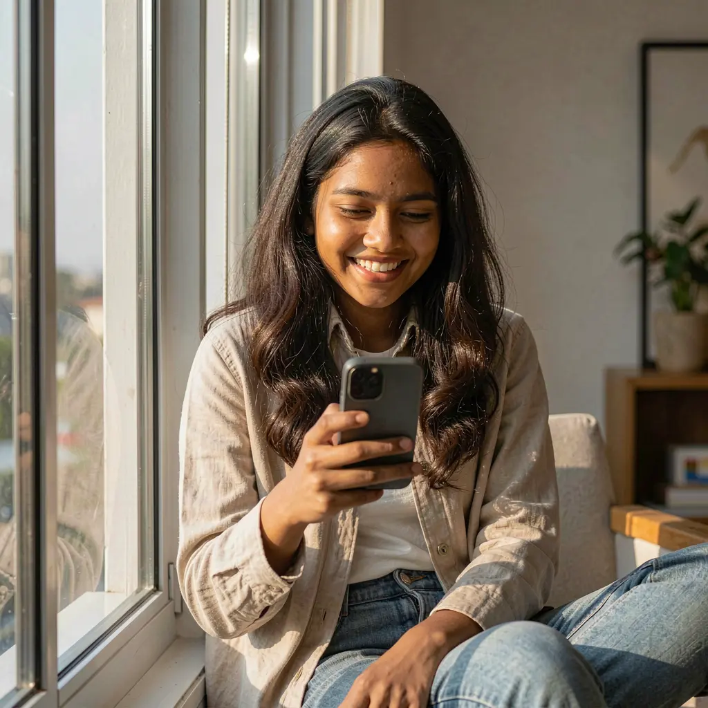 Smiling Bangladeshi woman enjoying the 9H999 casino app on her smartphone while relaxing by a sunny window