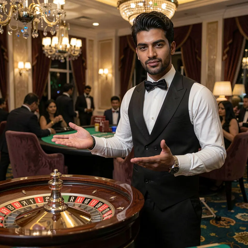 Professional live casino dealer standing by the roulette table in a luxury studio representing the high quality live gaming experience at 9H999 for players in Bangladesh